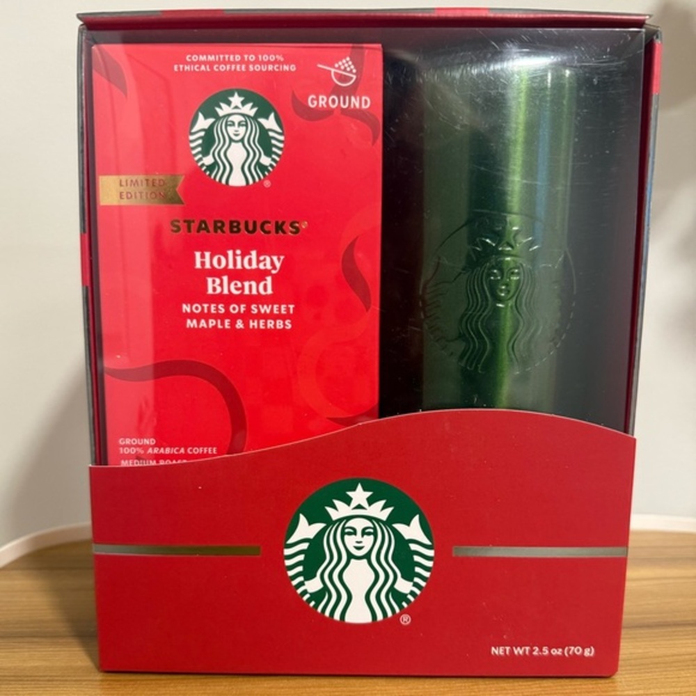 Starbucks Holiday Blend Coffee & Green Stainless Steel Tumbler Gift Set